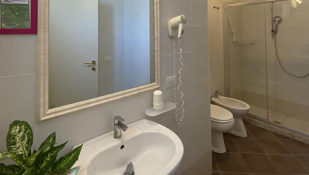 Bagno moderno con doccia, bidet, asciugacapelli e specchio grande.